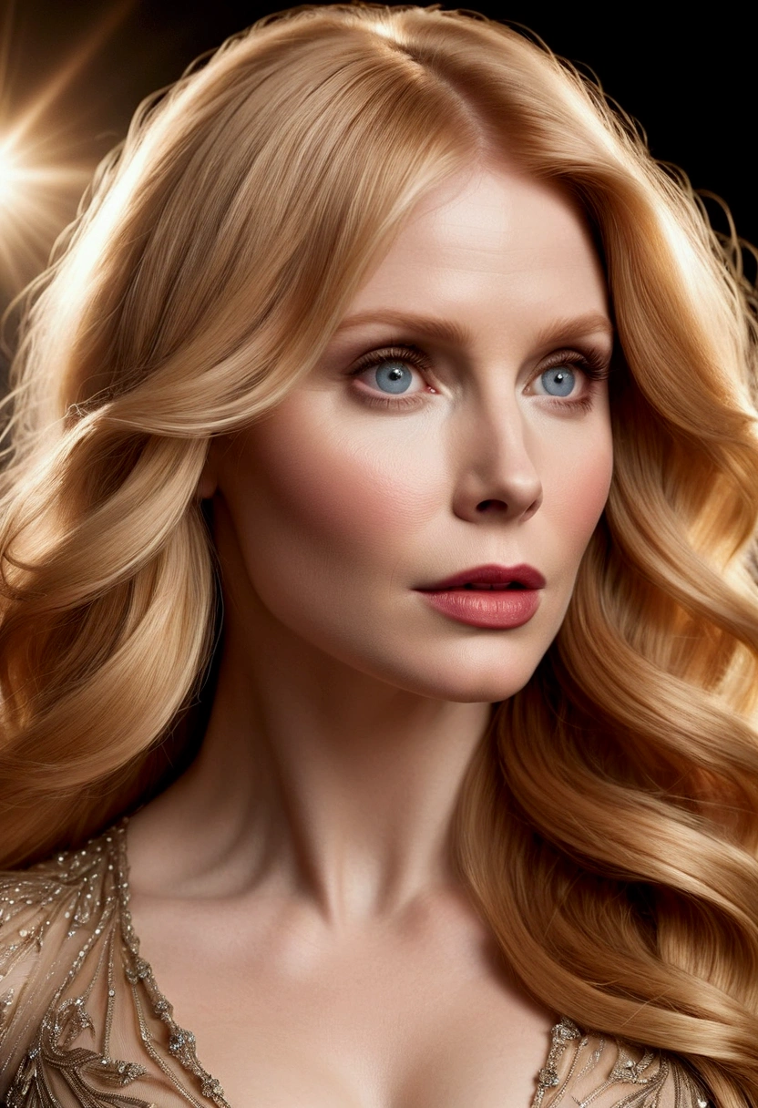 HYBRID FACE BETWEEN BRYCE DALLAS HOWARD AND AMY ADAMS, BUST STYLE IMAGE, STUDIO IMAGE STYLE, DIFFUSED LIGHTS ON FACE, STRONG BACK LIGHTS, CLOSE FACE SHOTBLACK, HUGE LONG BLONDE HAIR, VERY LIGHTNING BLONDE HAIR, VERY PALE SKY, HIGH CHEEKBONES, ROSY CHEEKS, GORGEOUS LIPS, SOFT LIPSTICK, VOLUMOUS BREASTS, STRAPLESS CLEAVAGE, ENIGMATIC FACE EXPRESSION, HIGH QUALITY IMAGE, MASTERPIECE, 8K