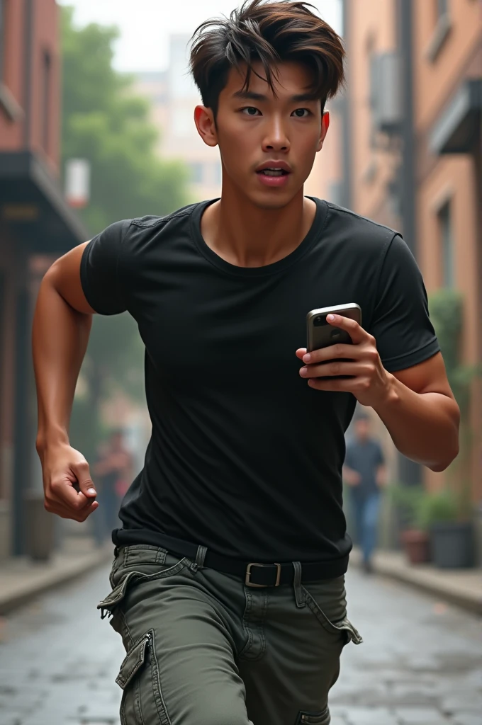 Create for me a young character using a cell phone and running with a black shirt and cargo jeans