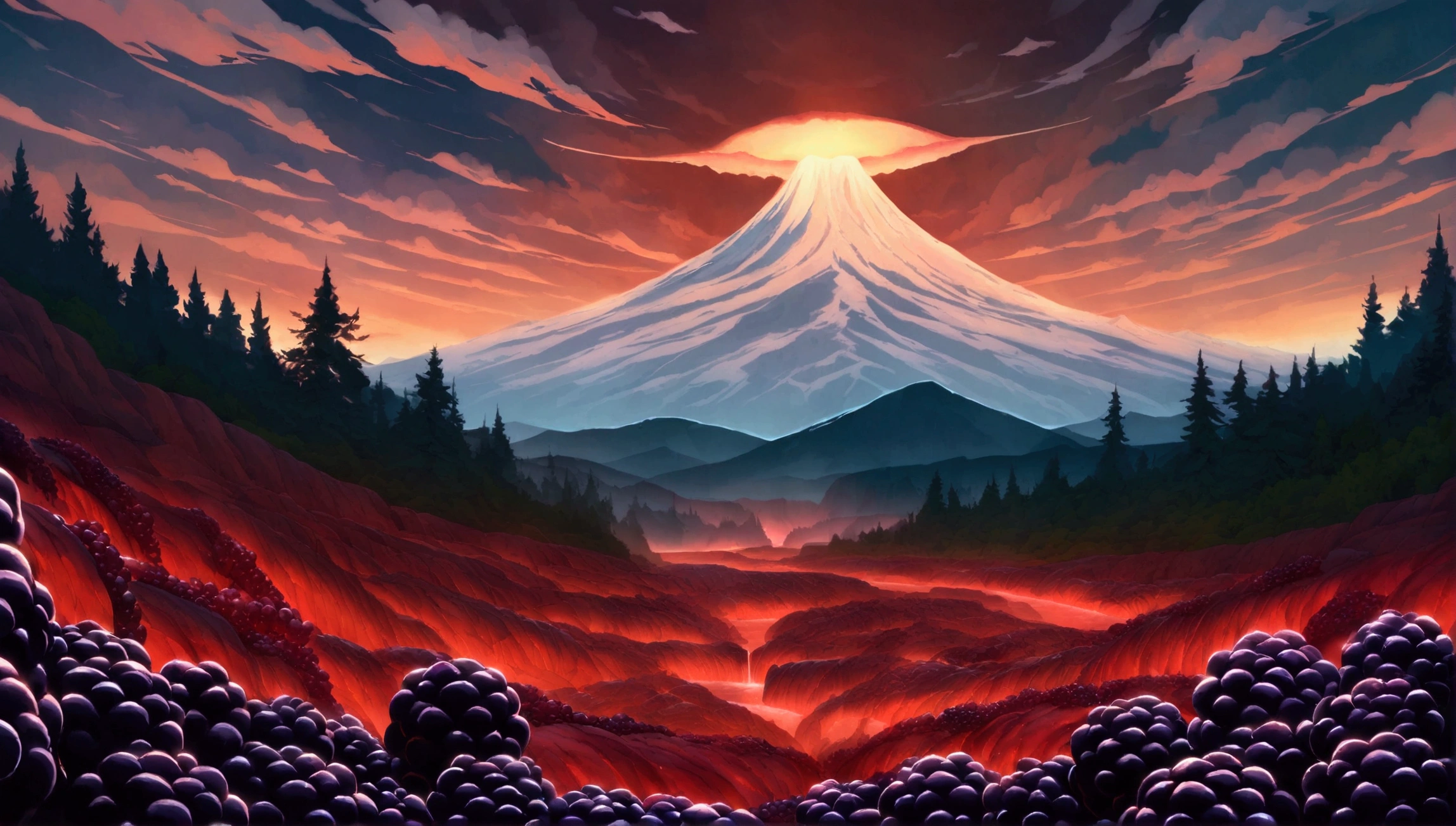 ultra wide landscape flooded with light moebius style, greenery, giant red chili, giant blackberries, epic clouds, mt hood, waterfall, forest, oregon,
