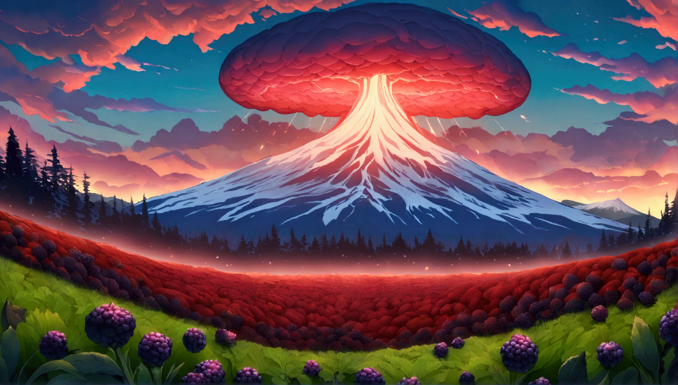 ultra wide landscape flooded with light moebius style, greenery, giant red chili, giant blackberries, epic clouds, mt hood, waterfall, forest, oregon,