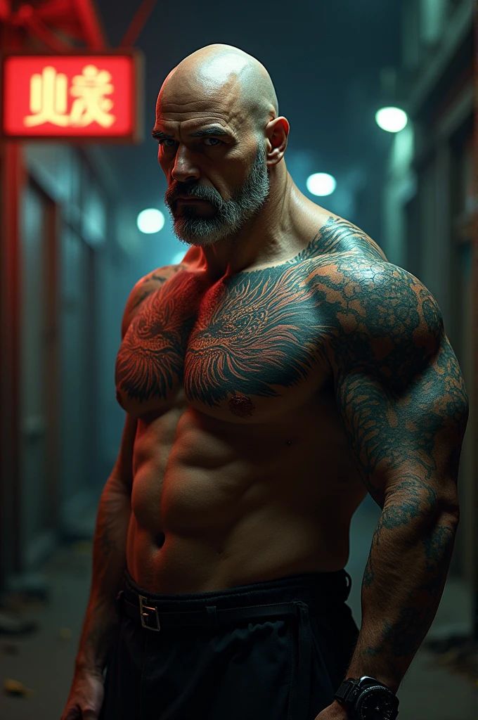 50 year old bald man with dragon tattoo from back to chest