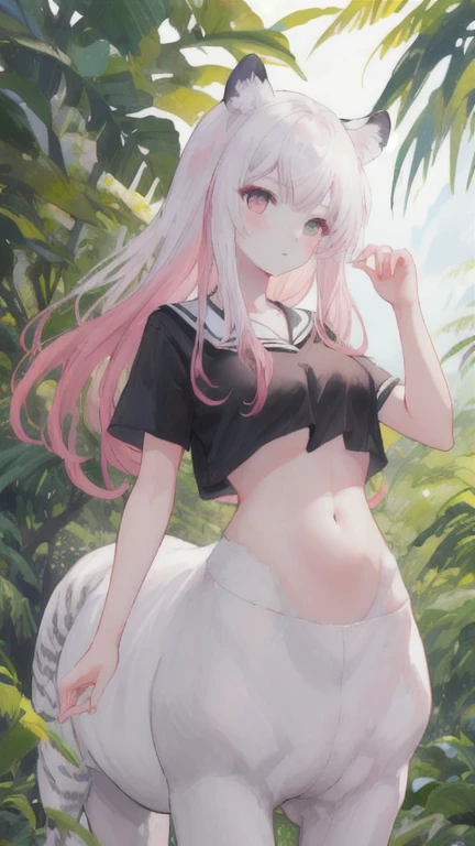 (best quality, masterpiece), 1 girl, centaur, I beg, White skin, Japanese schoolgirl,daughter,black pink, exposing the abdomen, belly button t-shirt , Beautiful girl perfect white tiger photo, Perfect jungle photo