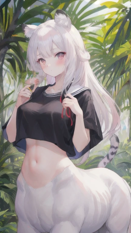 (best quality, masterpiece), 1 girl, centaur, It takes, White skin, Japanese  , exposing the abdomen,belly button t-shirt, 아름다운 소녀 perfect white tiger photo, perfect white tiger photo