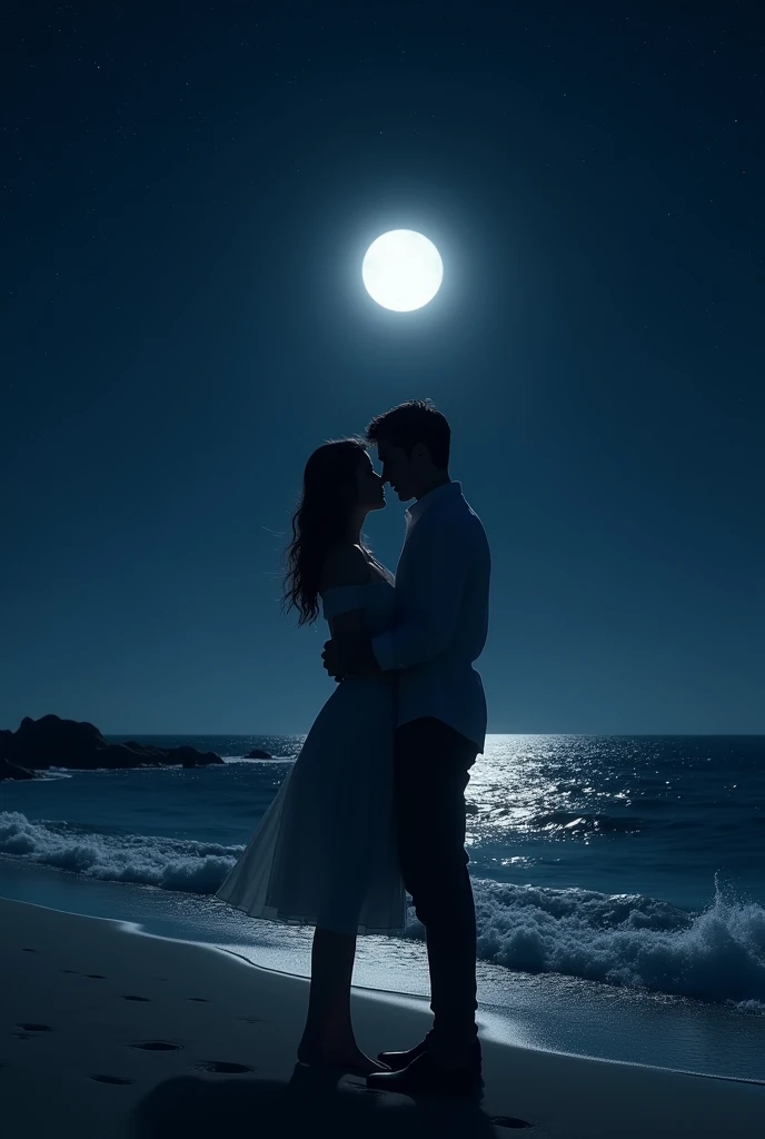 Moonlit dance: A couple dancing under the moonlight, their eyes locked on each other, with the moon casting a gentle glow on their intimate moment.