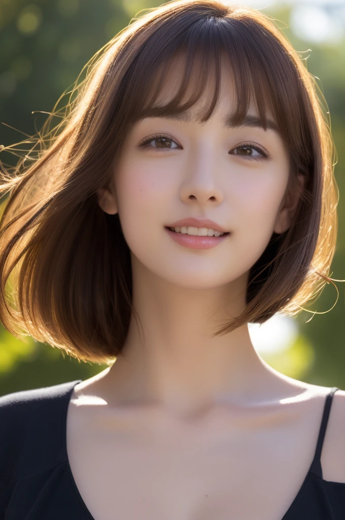  Brown-haired woman 30 years old、unclean、Lens flare、(8K、born、professional、highest quality、masterpiece:1.2)、(realistic、Photoreal:1.37)、super detailed、(best detailed skins:1.2)、(Supreme Detail Face:1.2)、movie lighting、1 female、Japanese、Short-cut brown hair、(the wind is strong)、warm white light、shy smile、Photographed from the front、((highest quality、8K、masterpiece:1.3))、beautiful woman with perfect figure:1.4、、((dark brown hair、big breasts:1.2))、Highly detailed face and skin texture、detailed eye、double eyelid、big breasts、gender　Wearing a plain white round neck T-shirt　Tokyo city　whole photo　Cafe