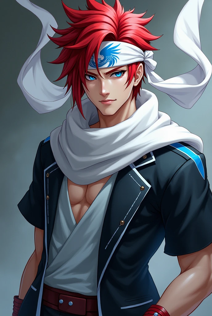 rompts

Copiar prompts

apenas 1 homem, very handsome man, red hair with a hairstyle similar to that of the character Sasuke, but using a white bandana that doesn&#39;t need to be tied, with the symbol of a blue phoenix, very blue eyes, like heaven, muito claro, Asian, wears a short black jacket with cyan blue details, Light gray blouse, with a huge white scarf tied around his neck, that crawls to the ground thrown backwards, black pants and white military boots, with red details, além de luvas brancas with red details sem dedos que imitam couro, and a belt under the shirt.

