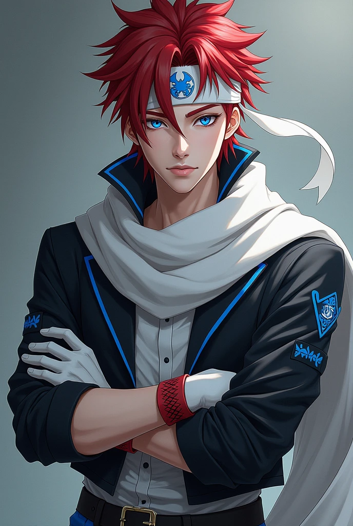 rompts
Copiar prompts
apenas 1 homem, very handsome man, red hair with a hairstyle similar to that of the character Sasuke, but using a white bandana that doesn't need to be tied, with the symbol of a blue phoenix, very blue eyes, like heaven, muito claro, Asian, wears a short black jacket with cyan blue details, Light gray blouse, with a huge white scarf tied around his neck, that crawls to the ground thrown backwards, black pants and white military boots, with red details, além de luvas brancas with red details sem dedos que imitam couro, and a belt under the shirt.