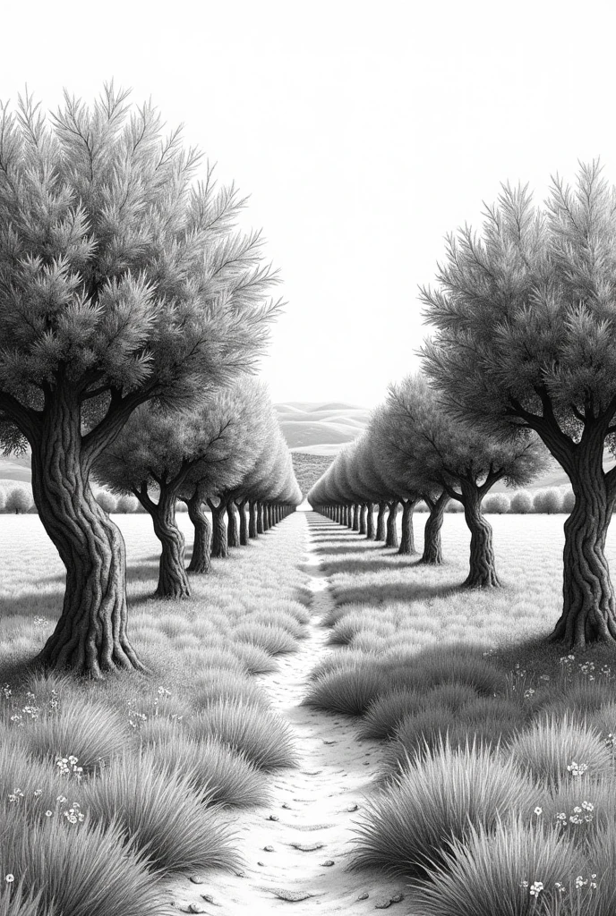 Engraved illustration of olives, trees and field