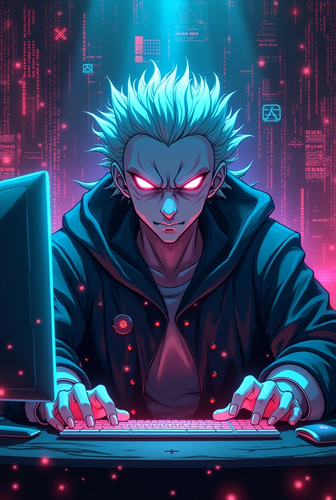 Create a anime art about Ryomen Sukuna from Jujutsu Kaisen on a chair and typing on a computer hacker style.