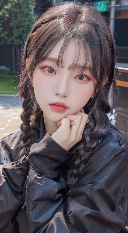 A close-up of a person wearing a black jacket and a braid., High quality portrait, realist. Cheng Yi, korean girl, korean idol woman portrait, Portrait of Jossi from Blackpink, guweiz style artwork, photorealist!!!!!!! Art Style, digital art image, realism artistic style, realist anime artstyle, kawaii realist portrait, color portrait