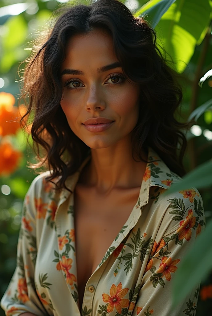 A Brazilian woman in a lush tropical garden, wearing an open shirt with a floral print, with a close-up capturing the harmonious beauty between her breasts and the natural flowers, showing off your natural charm and outgoing personality.