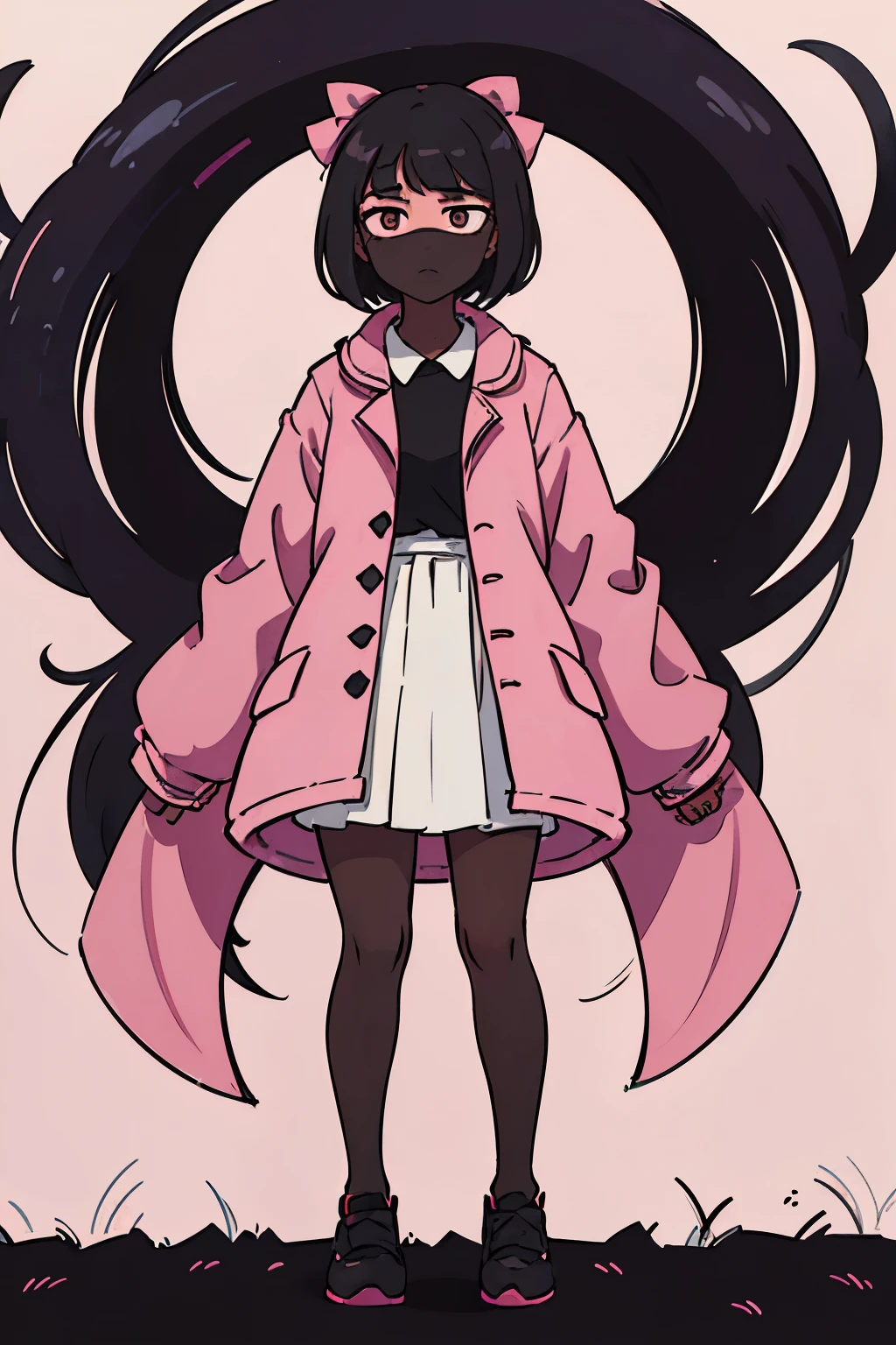 1 girl (Morbid Countenance), (Serious countenance), (facing the front), Bblack hair, shorth hair, hair with bangs, Messy hair, (Eyes dark as shadow), (tired look), (morbid look), (dark skin like shadow), pink bows on the sides of the hair, (Pink high-necked buttoned overcoat), shoes black, (gazing at viewer), (Full body), (standing), (no pose), arms hanging along the body , (white background scenery)