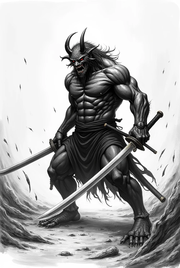 An oni with a mask holding two swords after a bloody war In black and white