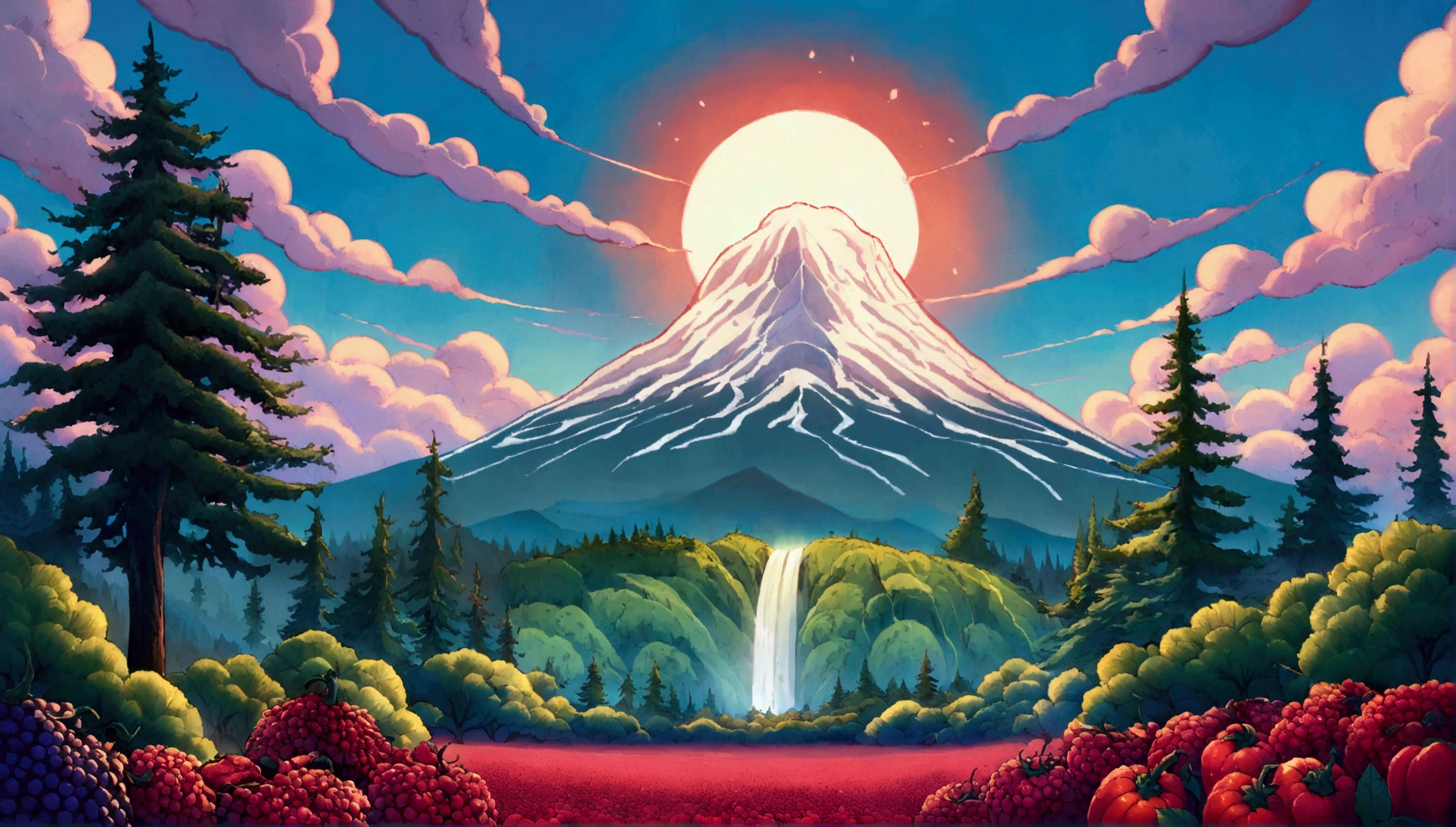 ultra wide landscape flooded with light moebius style, greenery, giant red chili pepper, giant blackberries, epic, sun, mt hood, waterfall, forest, oregon, green