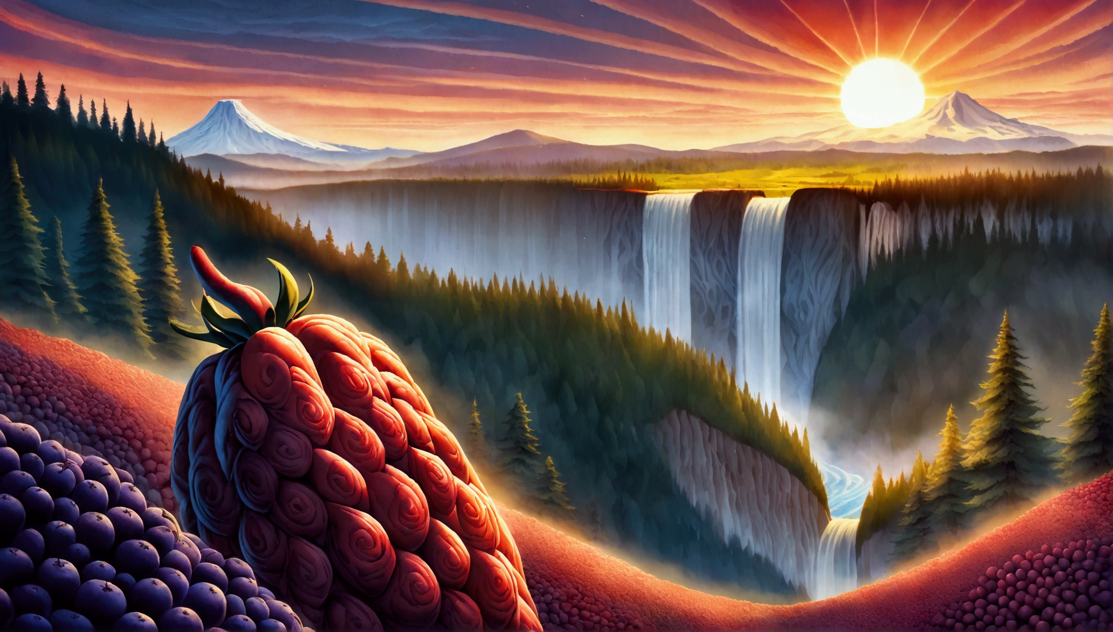 ultra wide landscape flooded with light moebius style, greenery, giant red chili pepper, giant blackberries, epic, sun, mt hood, waterfall, forest, oregon, green