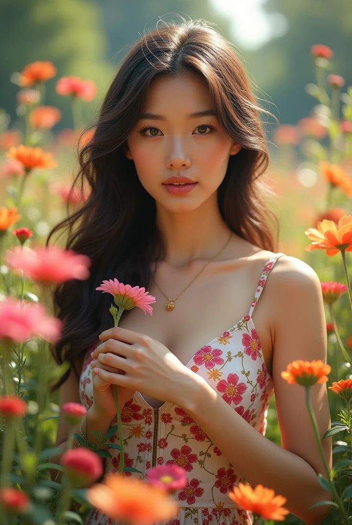 a beautiful young girl, detailed facial features, long hair, serene expression, floral dress, standing in a lush garden, natural sunlight, warm color tones, photorealistic, 8k, professional digital art