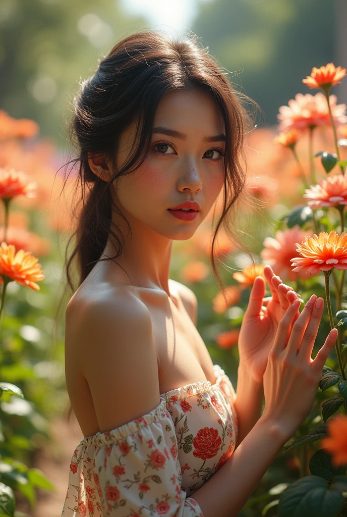 A woman walking slowly in a flower garden, hands gently touching the flowers, shellout, extremely detailed hair, well detailed and colorful dress, daylight, beautiful detailed eyes, beautiful detailed lips, extremely detailed face and features, long eyelashes, (best quality,4k,8k,highres,masterpiece:1.2),ultra-detailed,(realistic,photorealistic,photo-realistic:1.37),HDR,UHD,studio lighting,ultra-fine painting,sharp focus,physically-based rendering,extreme detail description,professional,vivid colors,bokeh,portrait