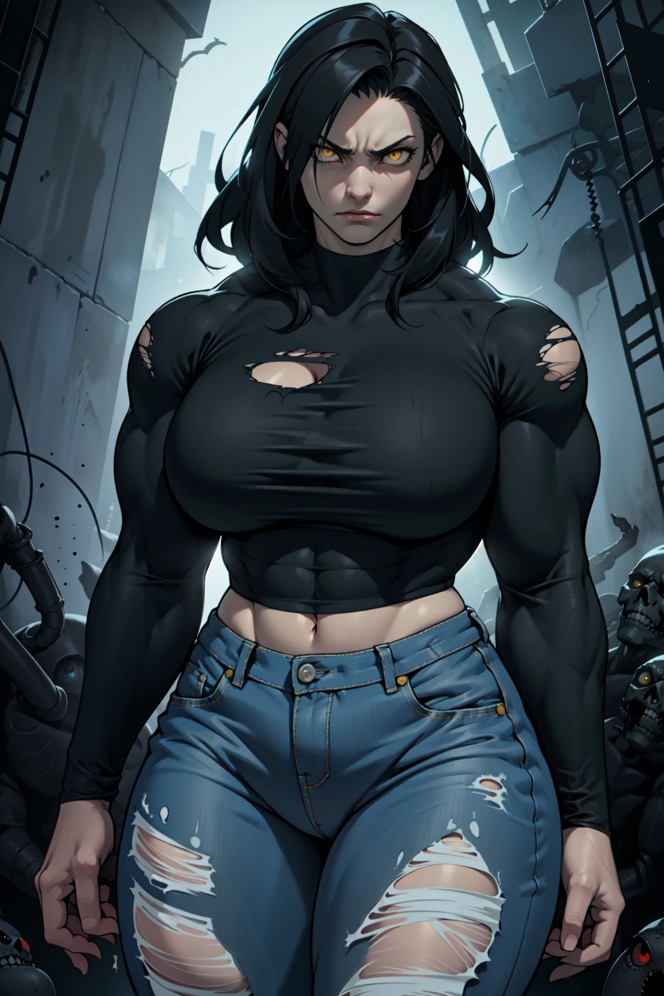 (1 girl huge muscular girl huge breasts huge muscles huge breasts huge muscles huge muscles huge breasts huge muscles) yellow eyes large breasts pale skin skintight black hair sad dark atmosphere backlighting horror somber gloomy creepy creepy creepy dark sad expressionless torn clothes tattered clothes