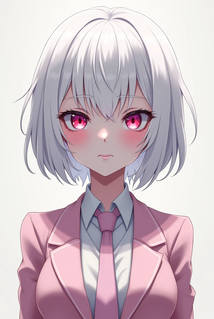 Anime style girl with evil face with short white hair, White eyelashes and completely albino, meaning her whole being is luminous white. Despite her evil, she dresses in clothes like a schoolgirl dress or rather elegant with a tie and a blazer like from a light pink magic school., She also has eyes of this same pink color but they still look slanted and mysterious.. He has a slight smile on his lips always but he looks completely cruel as if he were mocking me.