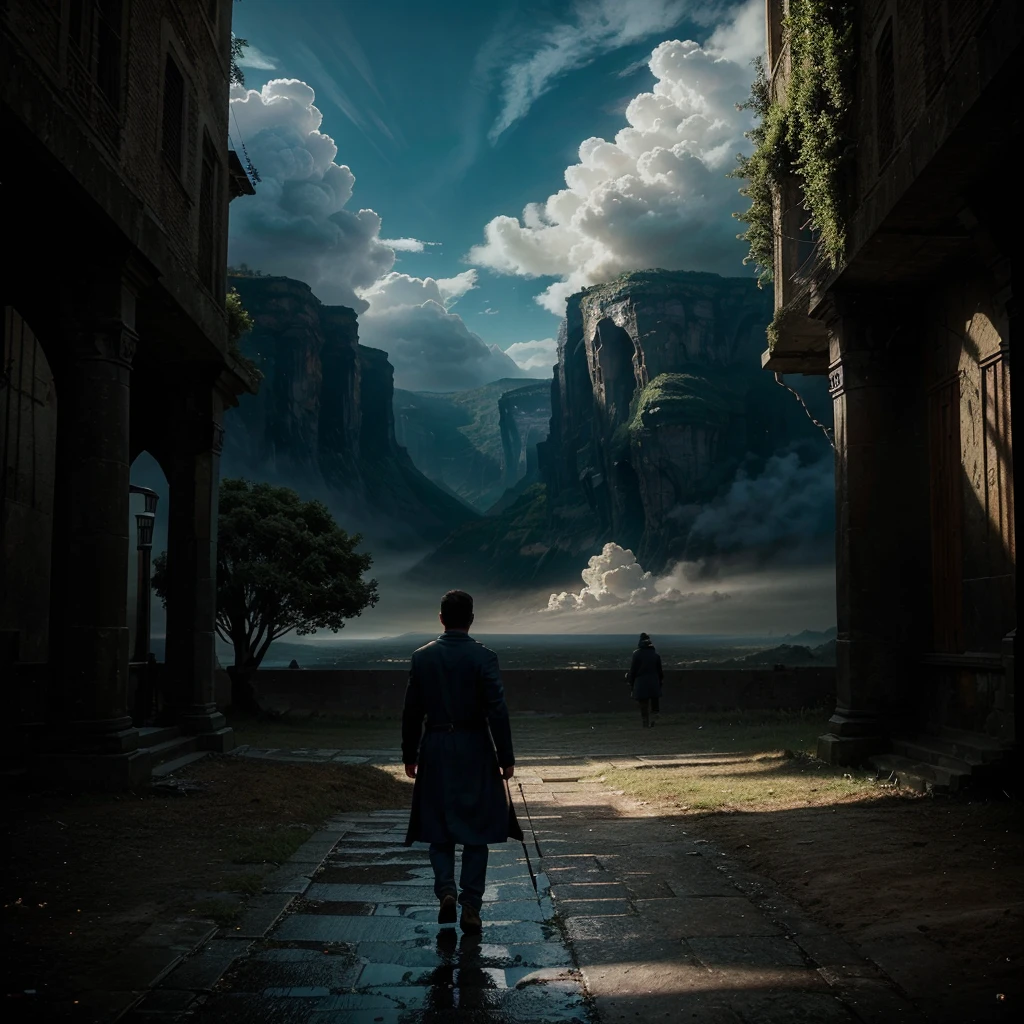 (a person with their back facing the viewer, walking into what appears to be the sky, highly detailed, beautiful, cinematic, epic, dramatic, digital art, fantasy, atmospheric, magical, glowing, ethereal, breathtaking, stunning, masterpiece, 4k, 8k, ultra-detailed, extremely realistic, photorealistic, dramatic lighting, cinematic composition, mystical, surreal, awe-inspiring)