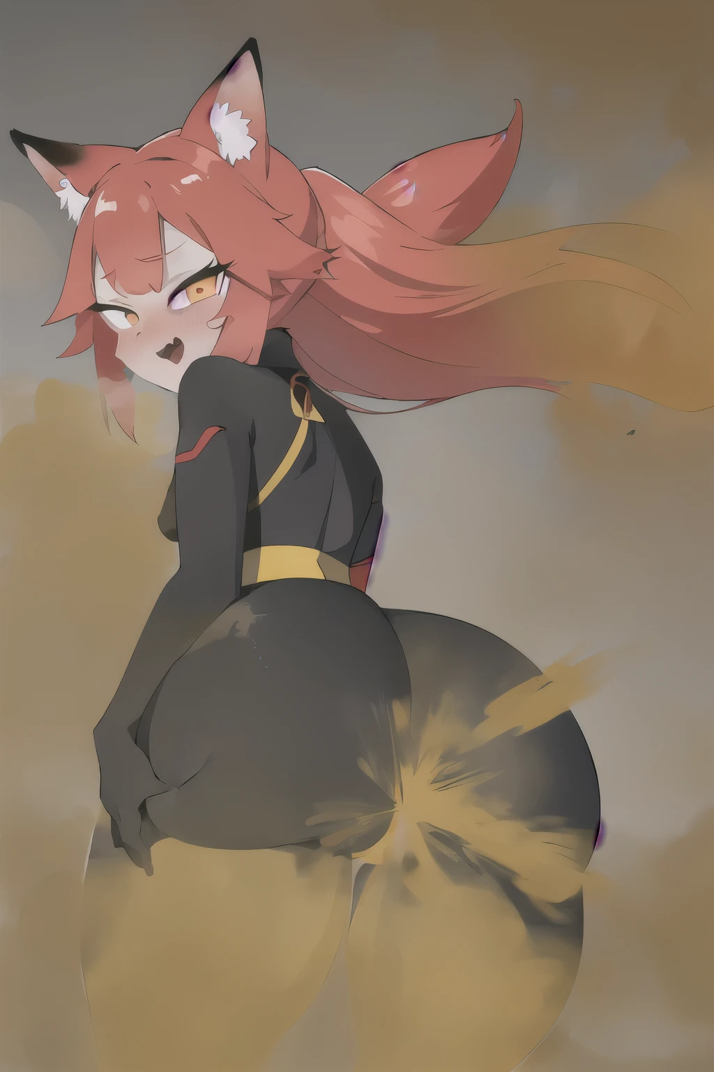 masterpiece, best quality, 1girl, solo, Cute red fox girl farting(HUD’s two-dimensional face),wearing a black bodysuit,farting(yellow smoke),hold ass,normal, Chinese