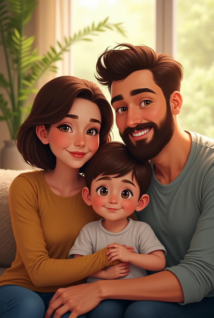 family with a woman with short brown hair, A bearded father and a 1 boy