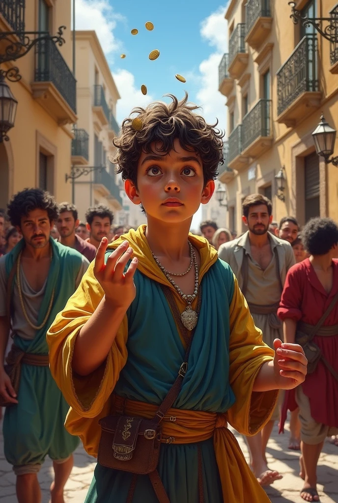 in draw, A Genoese boy, sold and taken to Spain, suffers abuse, But his love for his country leads him to defend the honor of Italy., Throwing the coins that were given to him out of pity. in draw A COLORES