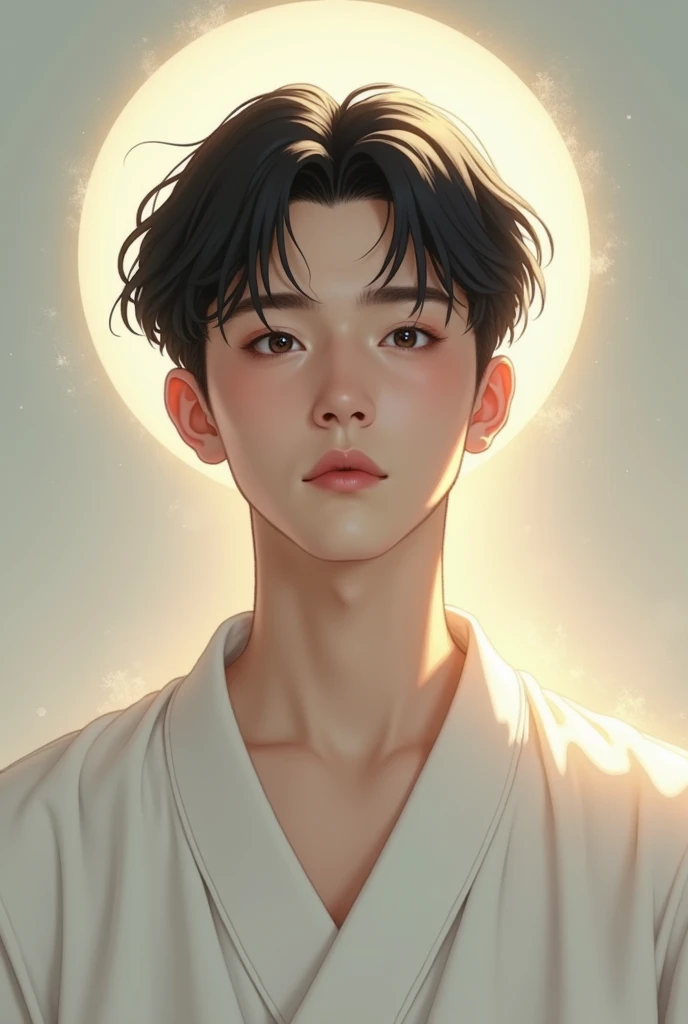 Young man dressed in white with a saintly face