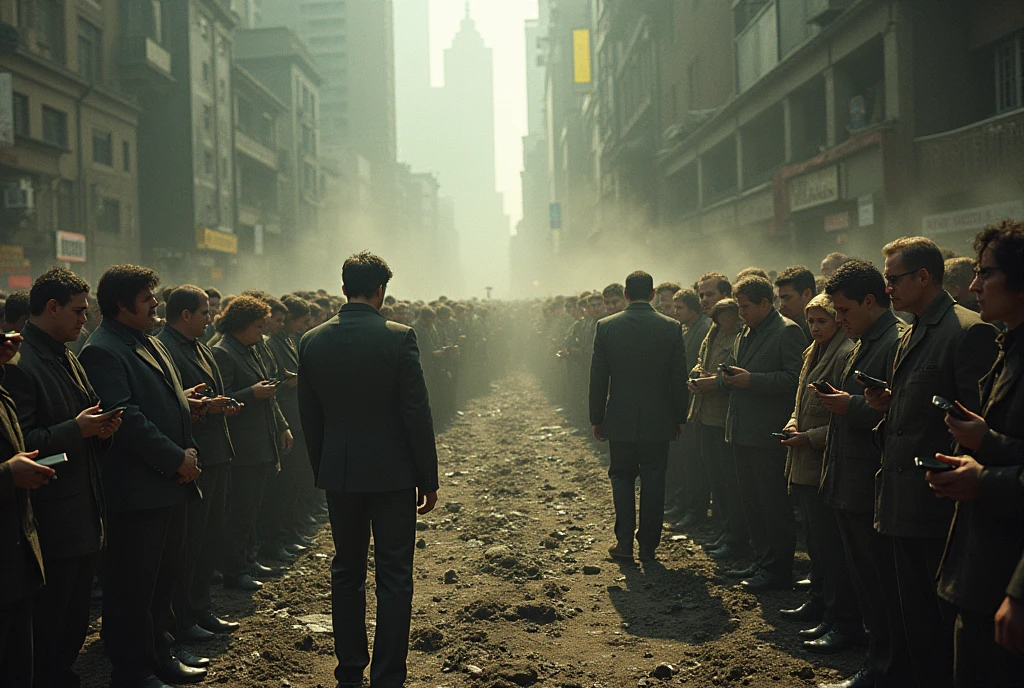 A world in which men and women are alienated and moving in the same direction, large mass with addictions such as cell phones,  beverage,  cigar,  Promiscuity. This world, the environment and nature will be completely destroyed. Shocking image, shocking and future world