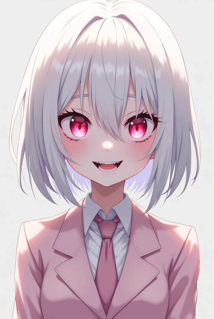 Anime style girl with evil face with short white hair, White eyelashes and completely albino, meaning her whole being is luminous white. Despite her evil, she dresses in clothes like a schoolgirl dress or rather elegant with a tie and a blazer like from a light pink magic school., She also has eyes of this same pink color but they still look slanted and mysterious.. He has a slight smile on his lips always but he looks completely cruel as if he were mocking me. 