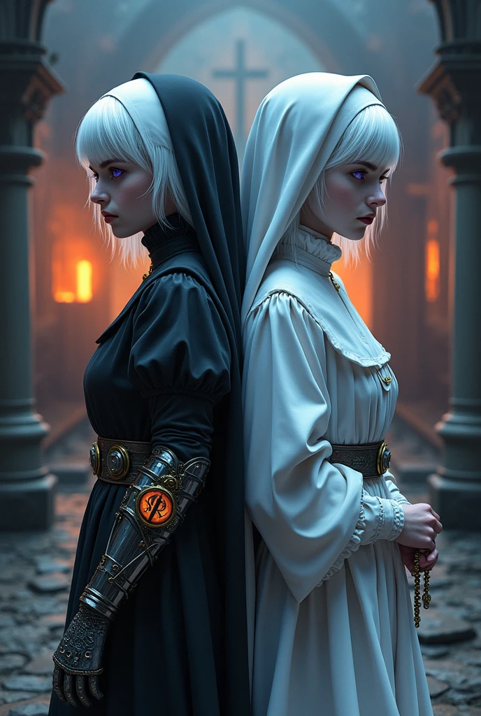 Two albino girls from the Middle Ages standing back to back with violet eyes and white hair, with the one on the left with short hair in dark alchemist clothes and with a steampunk prosthesis with the baphomet symbol on her left hand, and the one on the right in white nun's clothes holding a rosary,, with a burning church behind, the night.