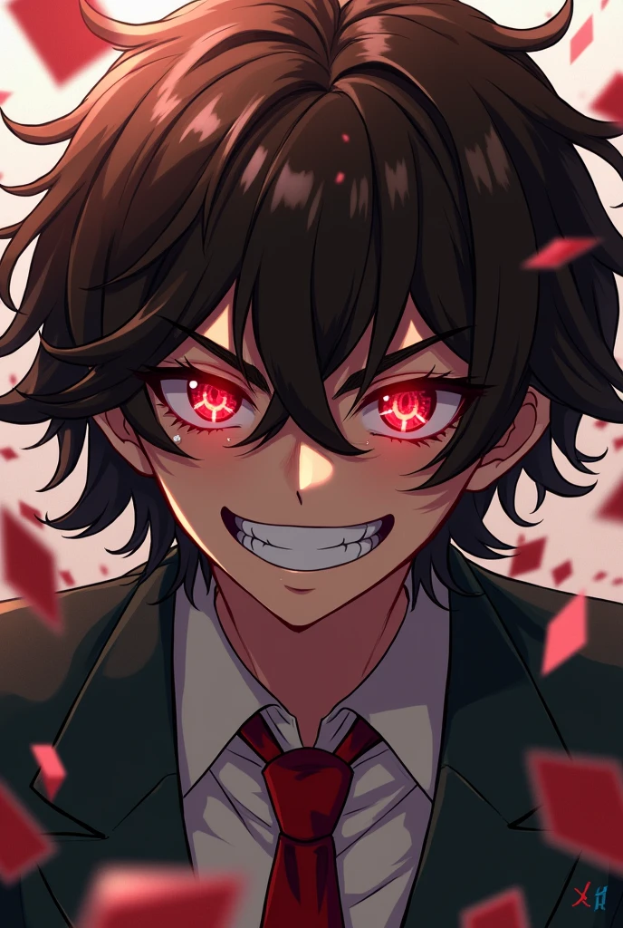 Make a profile picture, like the style of the anime kakegurui, make the character as if it were Yumeko in the male version with crazy eyes, more serious with shining eyes and him sweating in a very risky bet, more serious with the background with betting cards, it&#39;s perfect like that, but add a tie and take away the crying, more serious! Com o cabelo ondulado e castanho  com um olhar mais de excitação mais sério com ele suando com um olhar de mais loucura nas apostas com um sorriso 😈 
Com os olhos vermelhos brilhantes mais vermelho mais parecido com a yumeko jabami surtada 
