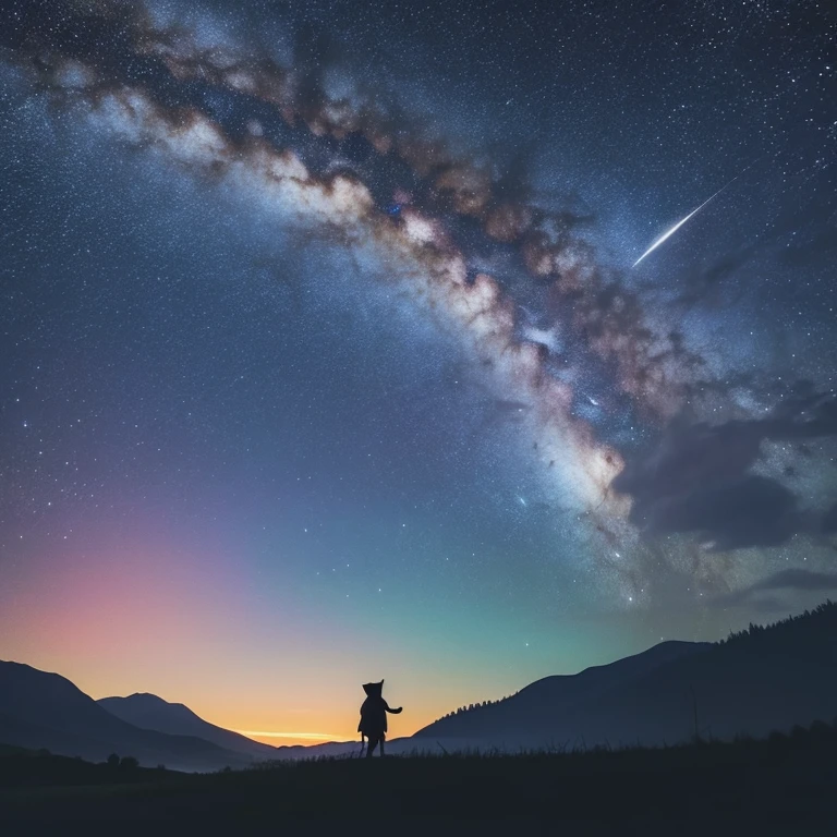 Please draw a 16:4 landscape illustration with a pastel touch, depicting the silhouette of a kitten looking up at the night sky.