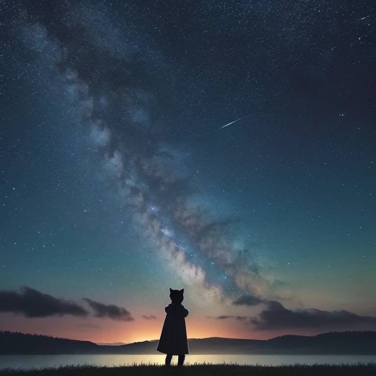 Please draw a 16:4 landscape illustration with a pastel touch, depicting the silhouette of a kitten looking up at the night sky.