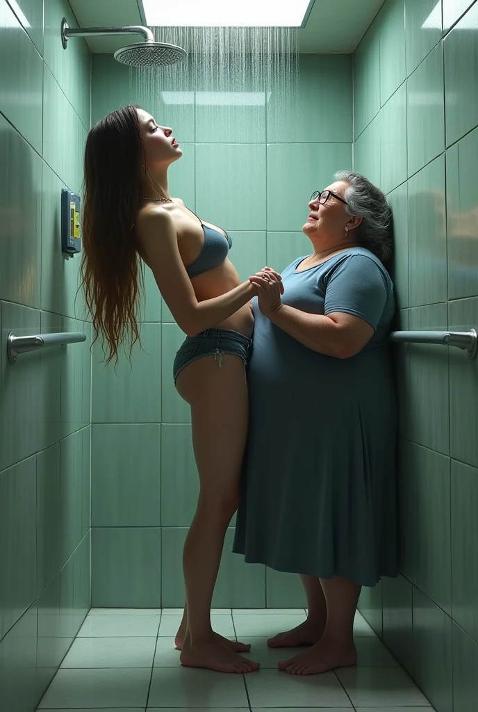 Create a photo of a 20 year old young woman, with a slender and beautiful body, completely naked, with white and clear skin, with long wet light brown hair, with arms raised high, taking a shower facing the camera under a shower and being lifted off the floor by her legs by a 90 year old elderly lady, obese, dark black skinned, who wears glasses and a blue dress 