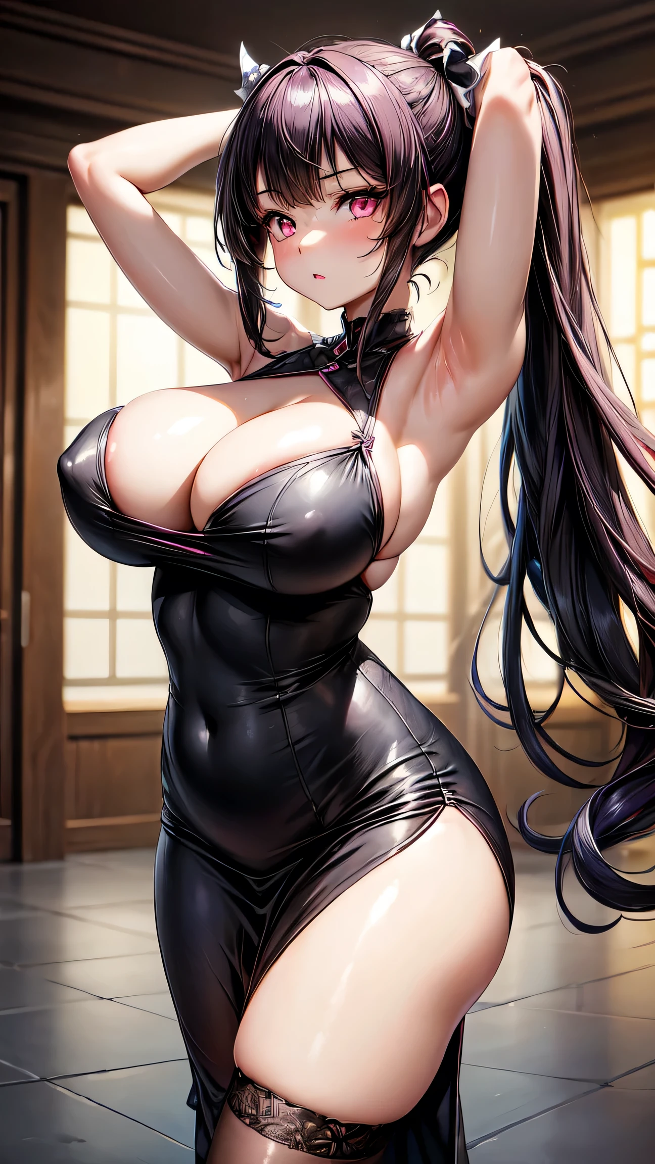 Create an image of the anime girl. ((Big boobs)), dark long hair in ponytails, ((bangs)), long lashes. The girl must have dark hair, and pink eyes. Her breasts must be big and plumpy. She has a gothic and elegant appearance, wearing a sundress with no straps or sleeves, Her eyes are bright pink, contrasting. She has a confident yet mysterious expression and is doing a sexy pose