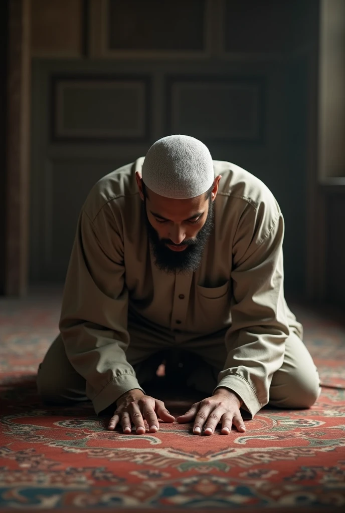 a Muslim man is prostrating in prayer.