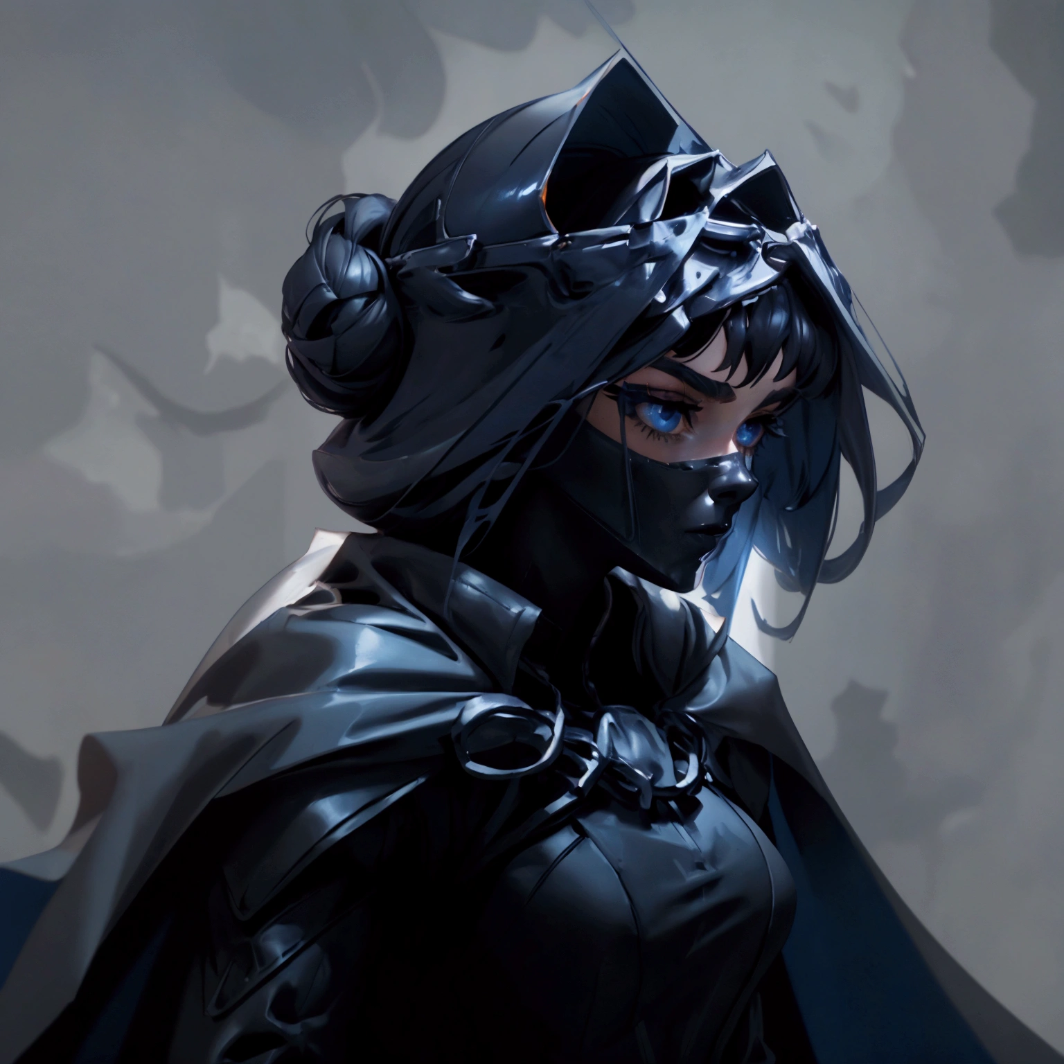 envision a 8k, highres, cinematic, close up beautiful portrait of an Big tall girl named Kronii Ouro with long dark blue hair in a bun, blue eyes, wearing a tight black superhero suit with a long flowing blue cape, a black helmet mask against a dark background