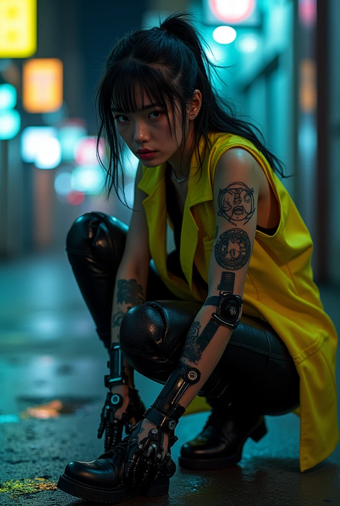 Female Asian, serious face, messy hair tied with neon tips, amber eyes, cybernetics in eyes, scar on left eye, left arm with few Black carbon cybernetics, neon designer coat clothing, tattoo with family symbol on forearm, night alley background, moon reflection on Walter, Pose crouched on the floor against sharpening carbon robot arm blade