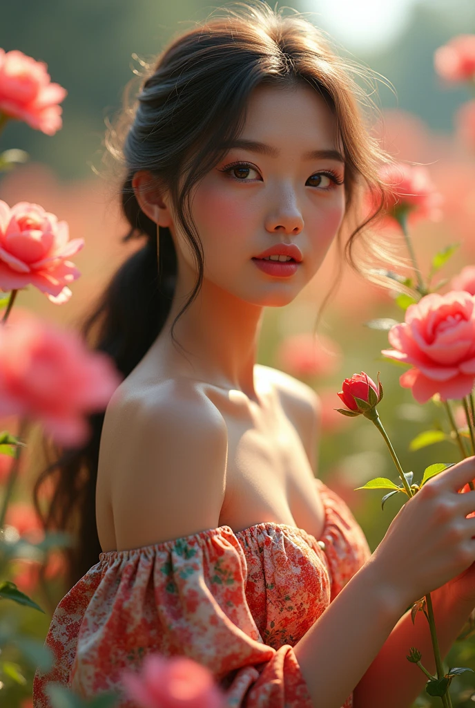 A woman walking slowly in a flower garden, hands gently touching the flowers, shellout, flowers till her hips, extremely detailed hair, well detailed and colorful dress, daylight, beautiful detailed eyes, beautiful detailed lips, extremely detailed face and features, long eyelashes, (best quality,4k,8k,highres,masterpiece:1.2),ultra-detailed,(realistic,photorealistic,photo-realistic:1.37),HDR,UHD,studio lighting,ultra-fine painting,sharp focus,physically-based rendering,extreme detail description,professional,vivid colors,bokeh,portrait