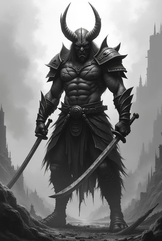 An oni with mask and armor holding two swords after a bloody war In black and white