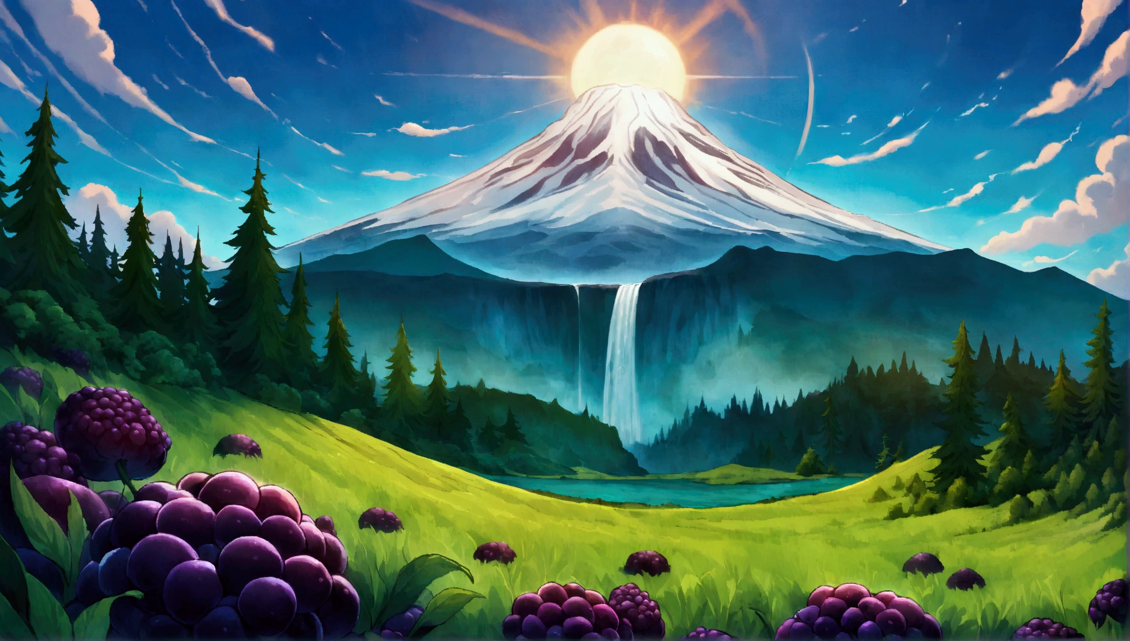 ultra wide landscape flooded with light moebius style, greenery, giant chili peppers, giant blackberries, epic, sun, mt hood, waterfall, forest, oregon, green