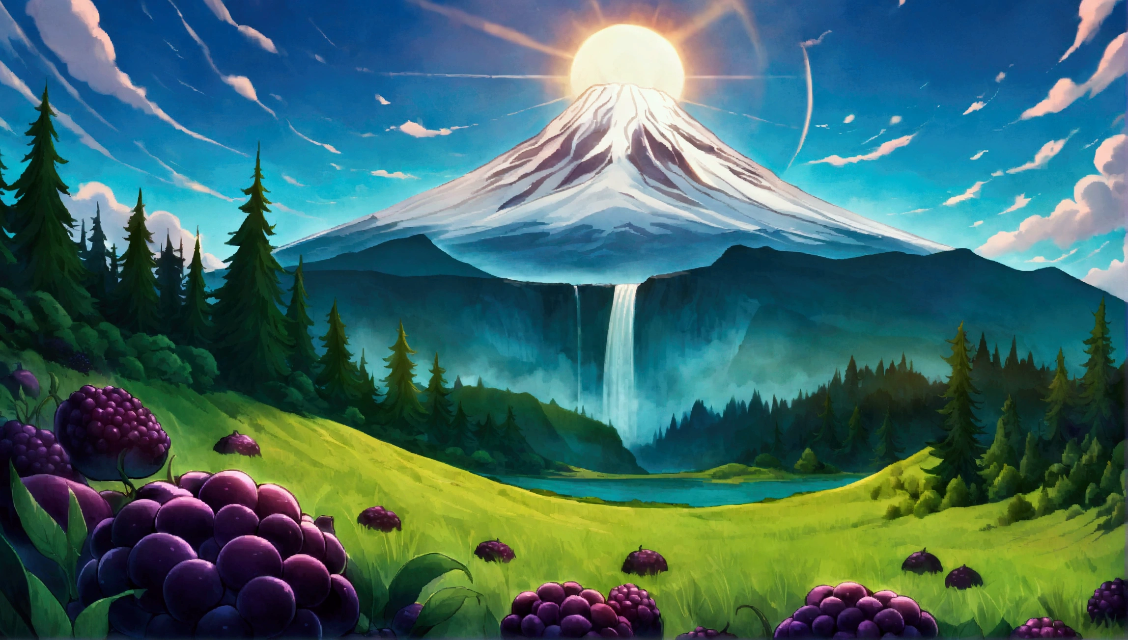 ultra wide landscape flooded with light moebius style, greenery, giant chili peppers, giant blackberries, epic, sun, mt hood, waterfall, forest, oregon, green