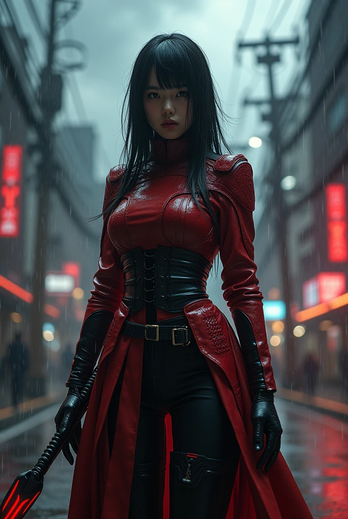 1 Japanese girl, WAR FRAME, intricate pattern, heavy metal, power lines, faceless, bright Eyes, elegant, intense, Blood red and black uniform, Alone, modern, city, streets, Dark Clouds, Storm, Heavy Rain,, dramatic lighting,, (masterpiece:1.2), Best Quality, High resolution, Beautiful detailed, extremely detailed, perfect lighting,