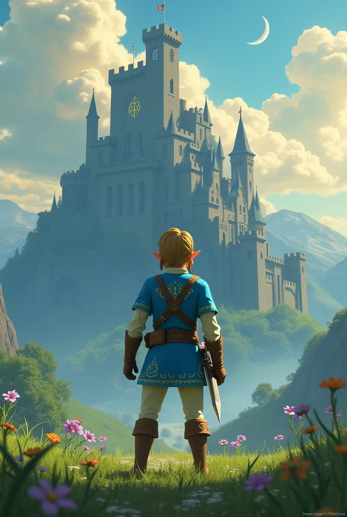 landscape format image, for notebook label about the game "zelda beath of the wild" with the character "Link" wearing his full champion suit and in the background the castle of "Ganondorf".