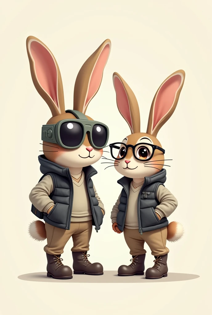 Create a logo with two rabbits without clothes, one with a case that his ears come out of it also with a vest and boots, the other a female with glasses a vest and boots