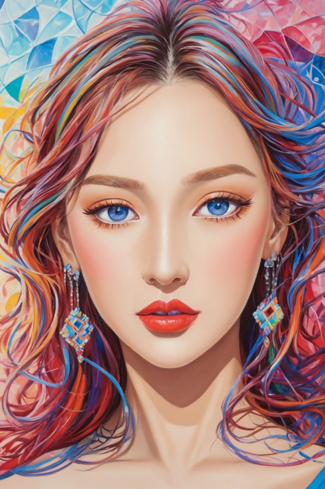High quality, realistic acrylic art, Vibrant colors, (Highest quality, 4K, 8k, High resolution, masterpiece), Very detailed, Realistic,Decorative painting,Portrait of a Girl,Rich colors,Geometry Puzzle.((Mature Woman))