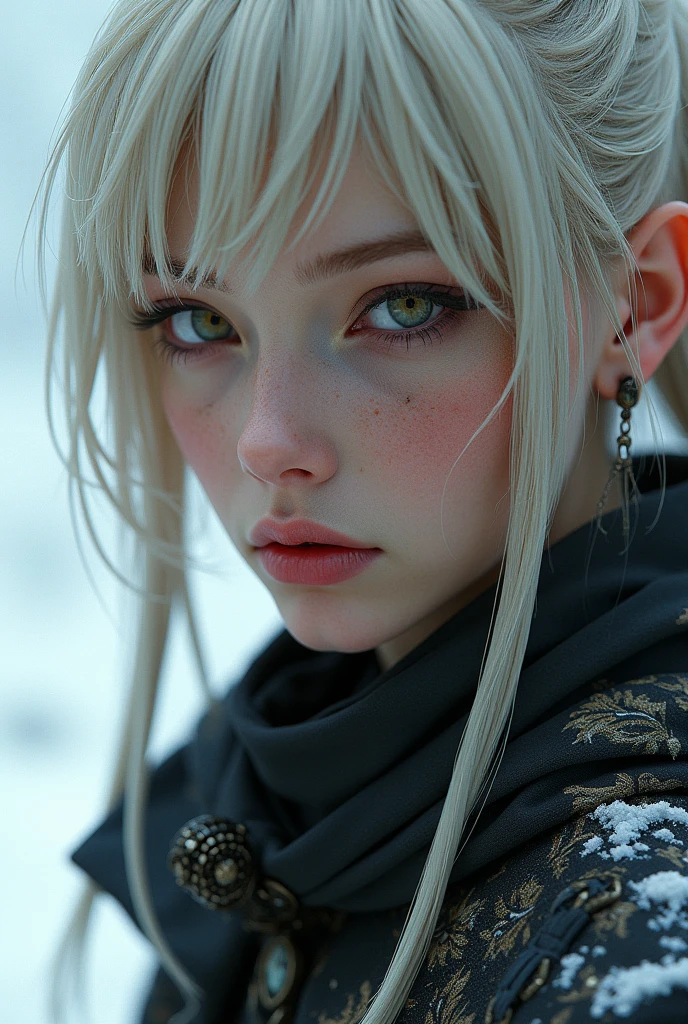 a close up of a person with a mask on, in style of luis royo, the piercing stare of yuki onna, 3 d character render, cyberpunk assassin, elvish blonde male warrior, tuareg, she is dressed in shaman clothes, an edgy assassin, white snow, geisha, white ink, beautiful gorgeous digital art