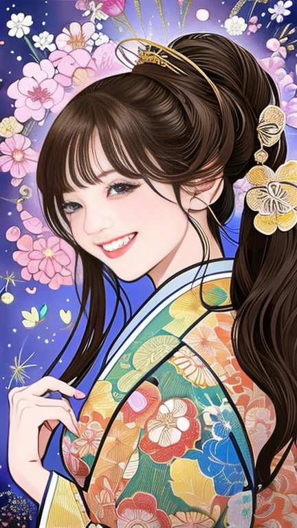 (SeaArt creates stunning illustrations of beautiful women in kimono)、Vividly colored Japanese Ukiyo-e style illustrations、A beautiful woman smiles and shows her upper white teeth、Brown-black long hair、Beautiful full body style、If you want to dance, let&#39;s dance, Tokyo Ondo, Yoi Yoi、Beautiful new digital paintings,、Bright vibrant digital anime art、 Beautiful anime portraits、background,Japanese shrine torii gate front、 Detailed digital anime art、