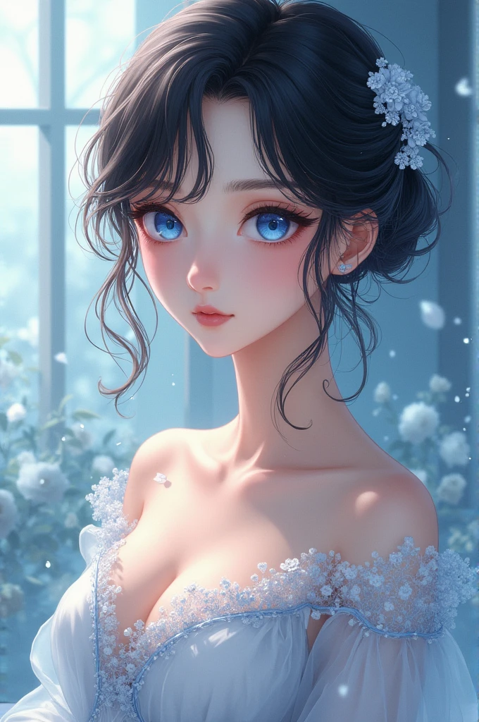 Beautiful girl with blue eyes, delicate white, dressed elegantly elegant, anime 